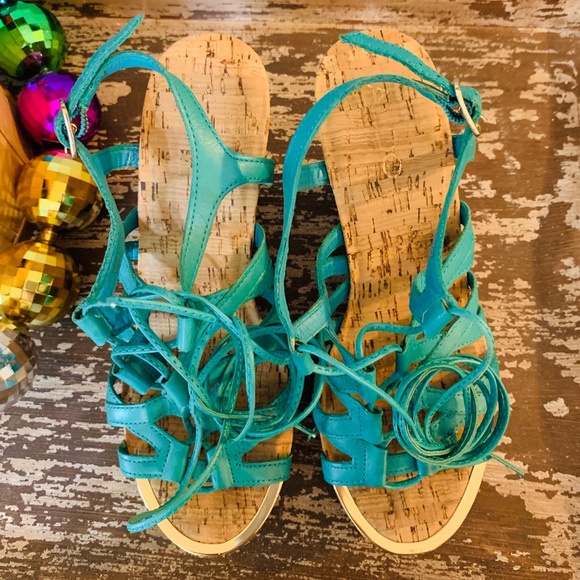 ALDO TURQUOISE ANKLE WRAP WEDGES 7 - Picture 7 of 8